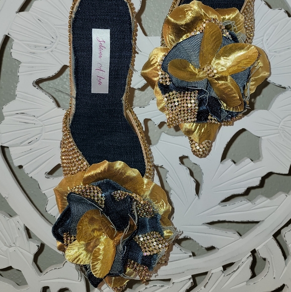 Custom Order "DALLAS" Denim & Diamonds AB Gold Crystal & Denim Mules - Picture 5 of 7